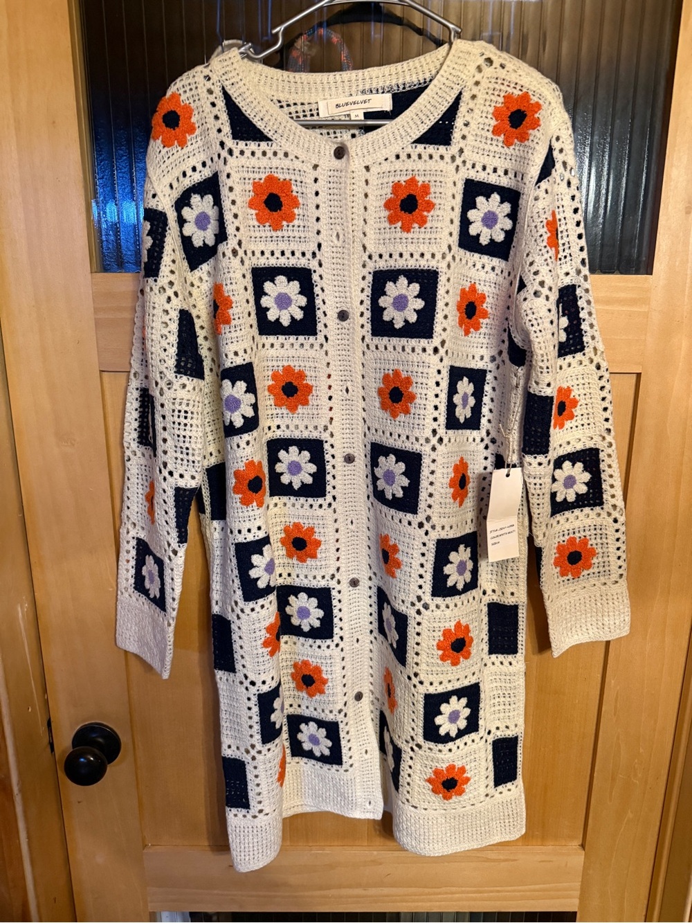 New Blue Velvet Knit multicolored sweater with front buttons Long